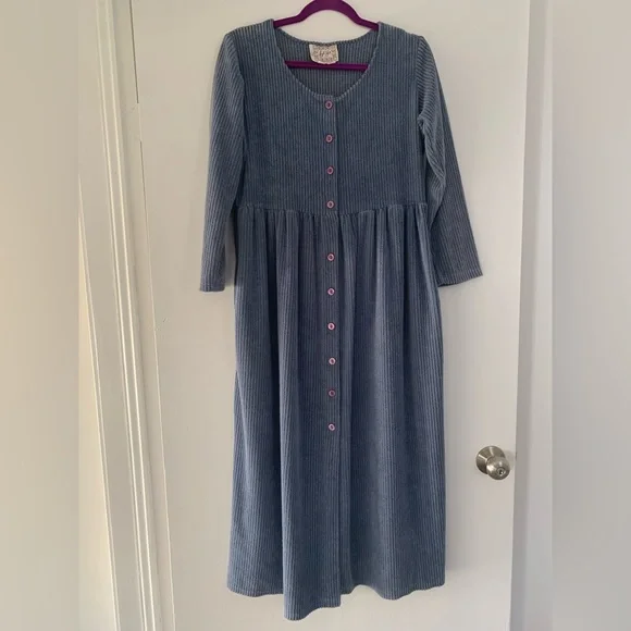 Vintage Blue Terrycloth Corduroy Button-Down Longsleeve Dress - Picture 2 of 6